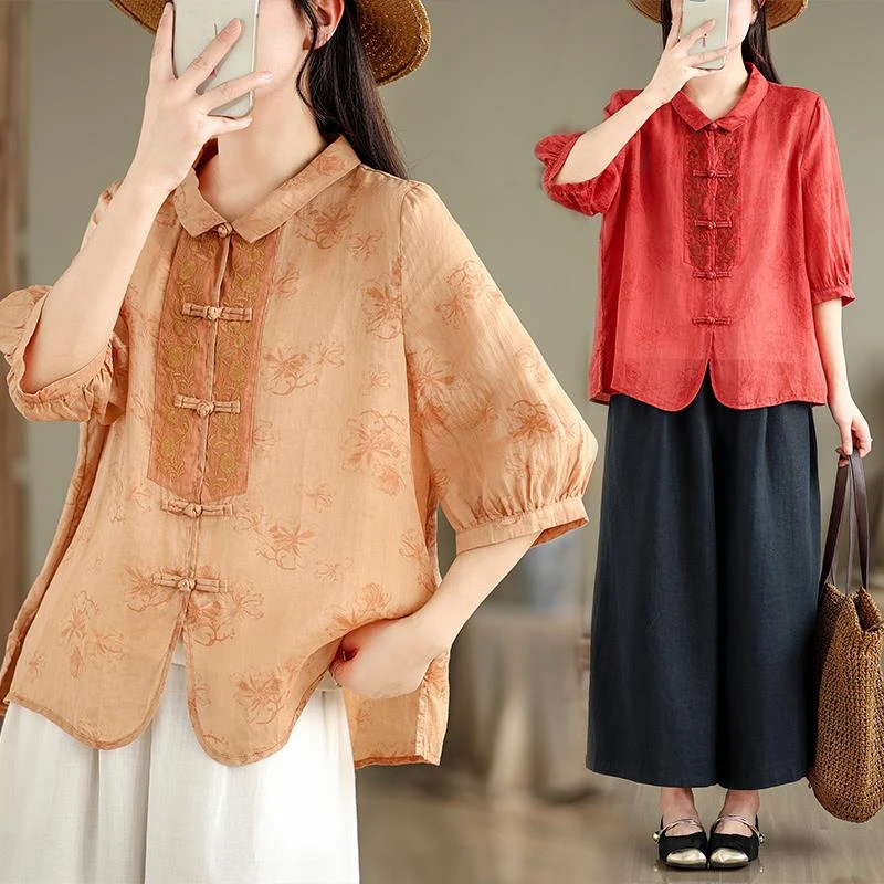 新中式国风刺绣苎麻衬衫女士夏季2025新款盘扣衬衣洋气五分袖上衣