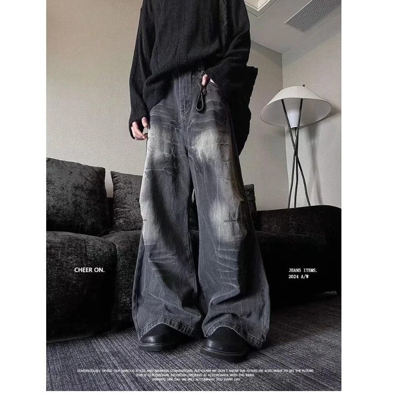 美式复古水洗做旧纹宽松百搭直筒阔腿裤牛仔裤秋冬季垂感