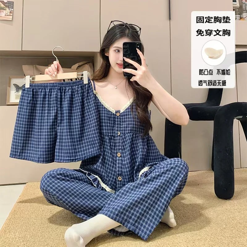 【蓝格】带杯垫三件套吊带女夏季睡衣家居服可外穿休闲透气舒适2354