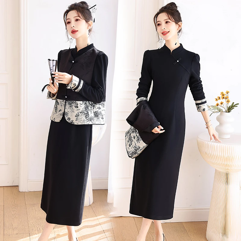 新中式风改良旗袍套装女2025年春秋新款高级感禅意连衣裙两件套