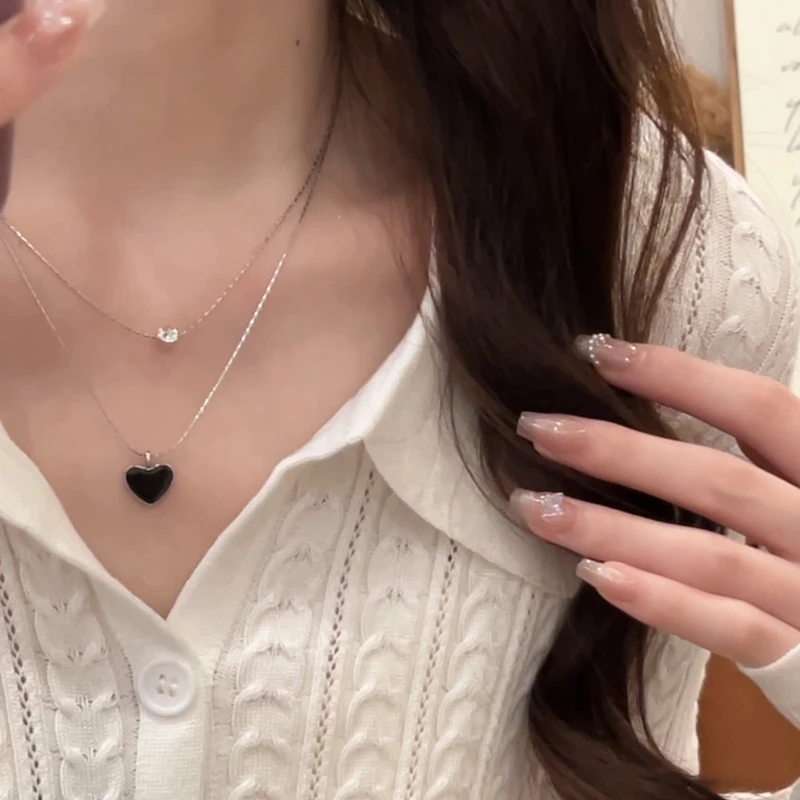 钛钢项链 双层黑色爱心项链女ins甜酷风气质时尚高级感锁骨链
