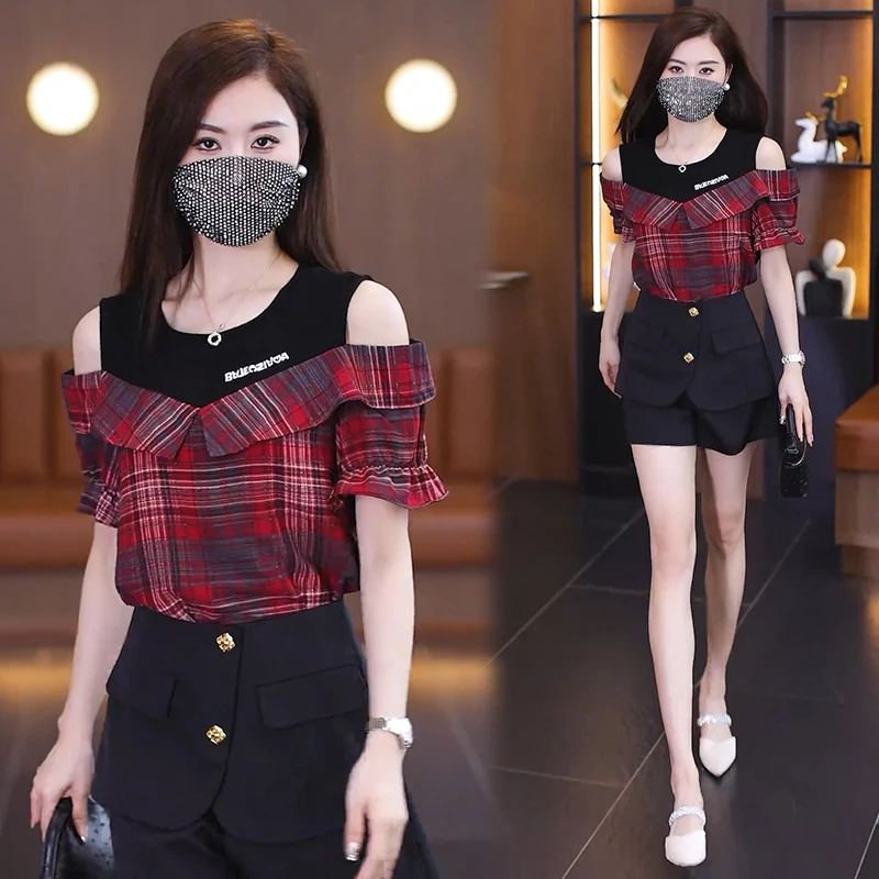 洋气减龄假两件拼接短袖衬衫女2025时尚小衫遮肉显瘦格子衬衣上衣