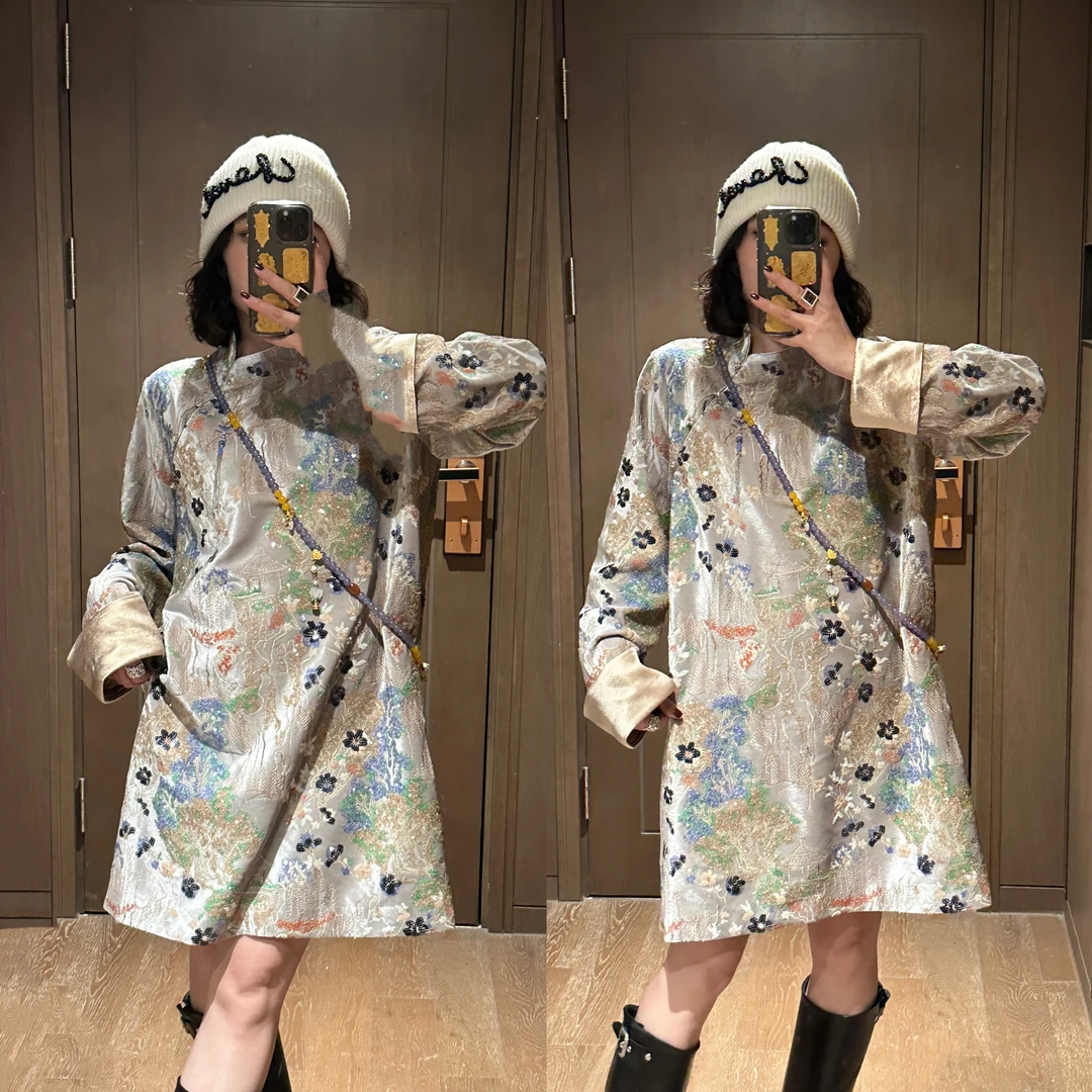 YDFSTUDIO小众【金丝玉缕】早春新中式刺绣设计国风气质优雅连衣裙