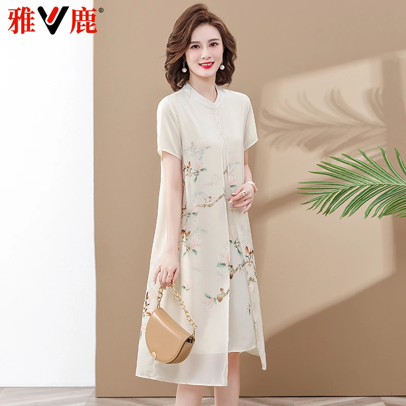 雅鹿洋气连衣裙女中年妈妈2025年夏季新款气质轻薄显瘦新中式旗袍
