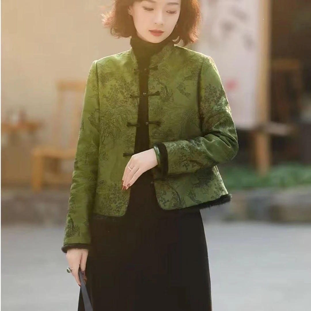新中式精致提花夹棉加厚棉服外套女冬季拼接毛边唐装国风盘扣棉衣