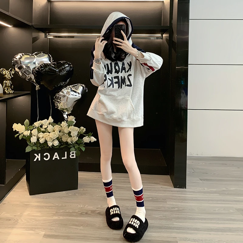网红洋气复古撞色连帽卫衣女秋冬炸街慵懒韩版休闲显瘦外套上衣潮