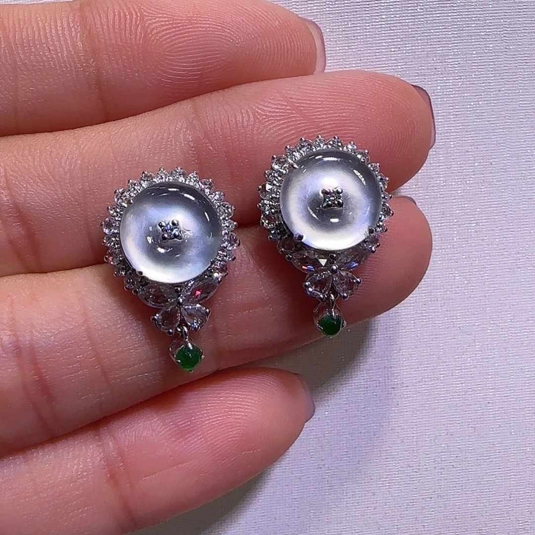 翡翠耳钉18K金镶嵌平安扣