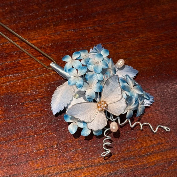 蓝蝴蝶绣球花发钗 非遗绒花手工发簪发饰