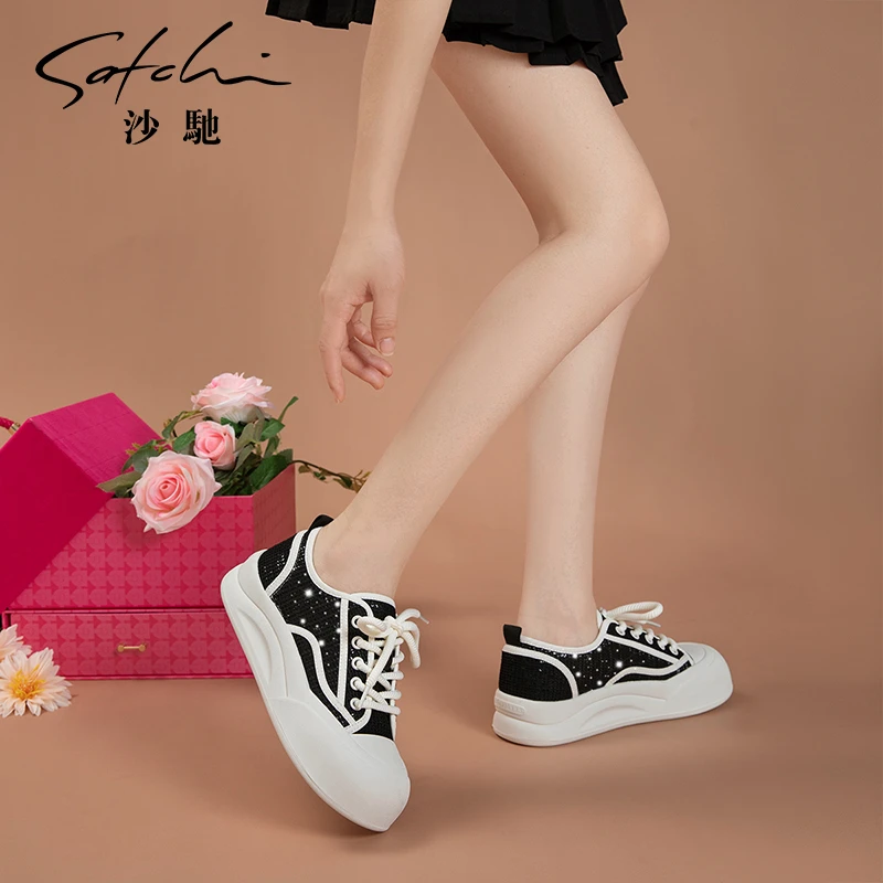 沙驰女鞋超轻增高透气网面鞋25年新款时尚撞色厚底帆布鞋百搭休闲