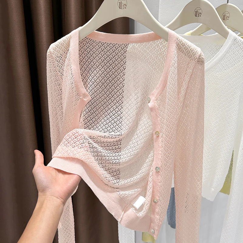 镂空花纹针织圆领长袖披肩夏季新款透视宽松防晒罩衫薄款空调开衫