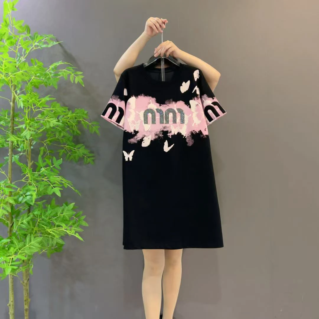 2866夏季新款亮钻字母拼接圆领短袖中长款休闲T恤裙大码女装