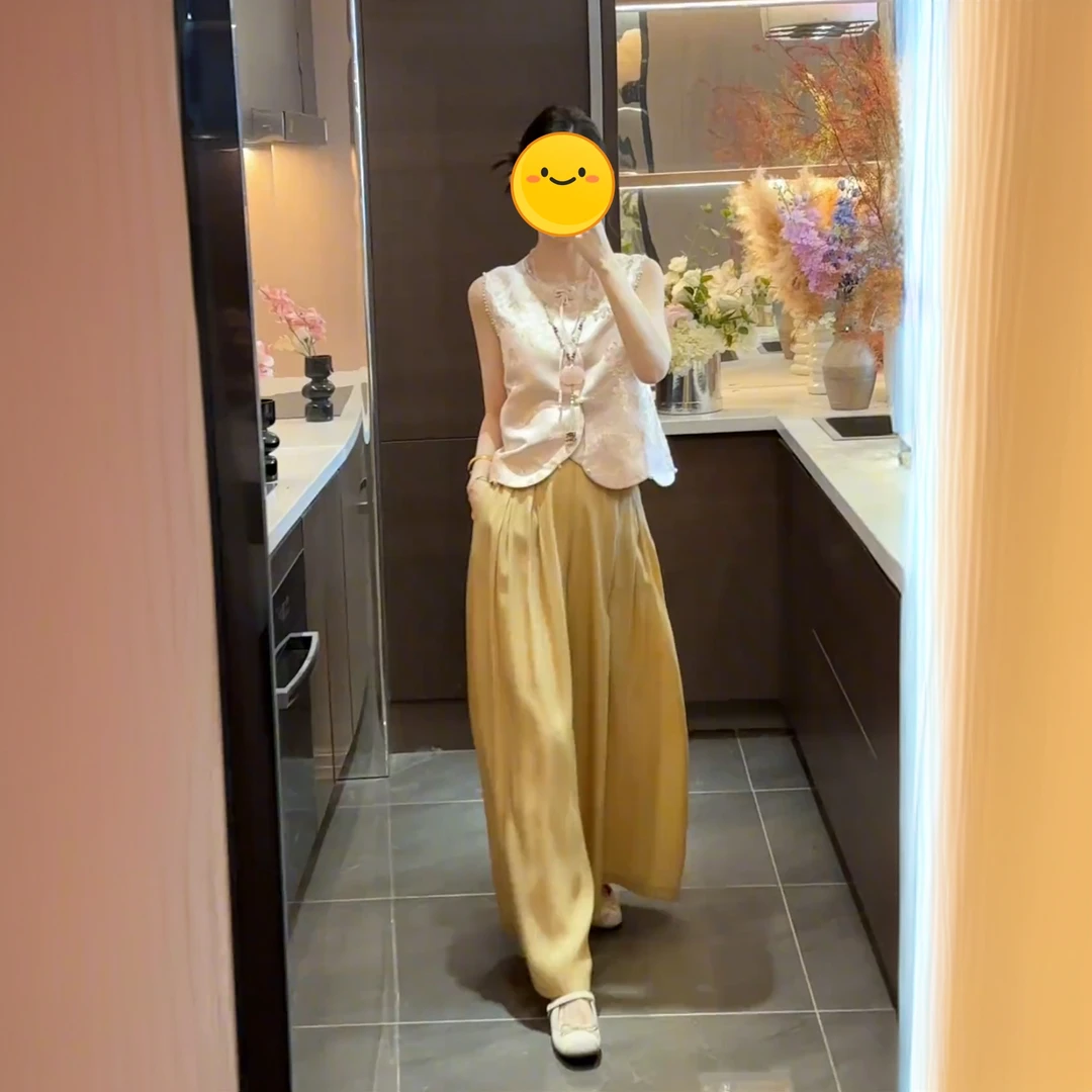 2025新中式缎面提花盘扣上衣后背系带减龄宽松高腰阔腿裤两件套女