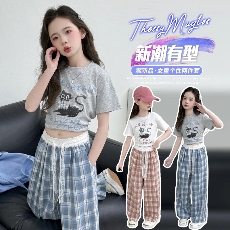 女.童夏装短袖套装儿.童休闲运动小女孩猫咪T恤格子女童夏装套装