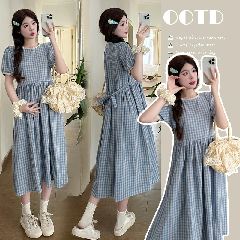 MIMI~孕妇2025新款复古蓝色格子短袖连衣裙甜美减龄花边格纹A字裙