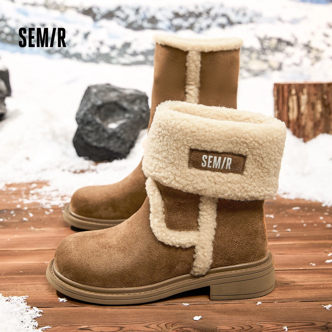 SEMIR2025新款冬季外穿户外厚底真皮保暖棉鞋加绒加厚雪地靴女