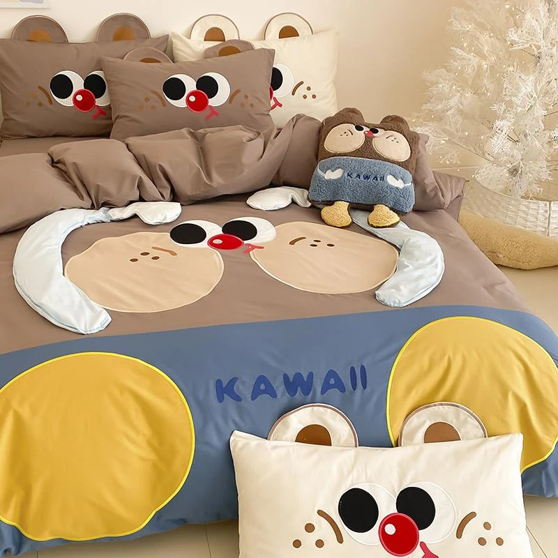 卡通风全棉床上四件套纯棉被套刺绣儿童床品学生宿舍上下铺三件套