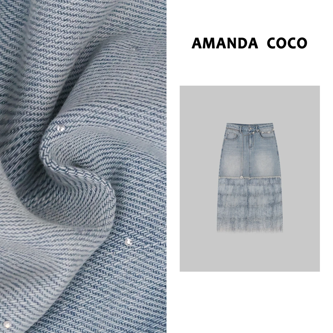 NANA# 春夏高定烫钻层叠薄纱拼接气质牛仔半裙29278