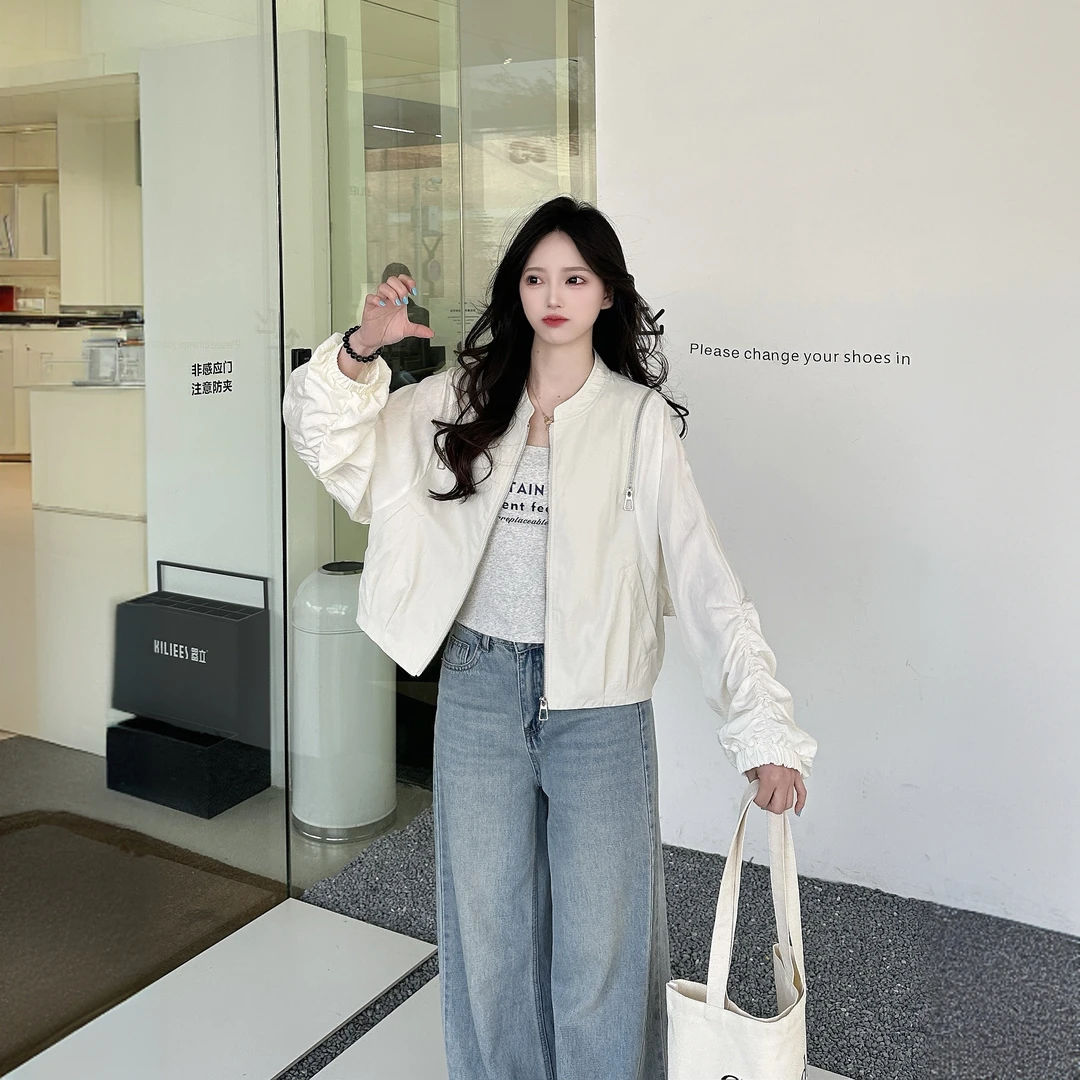 春季女薄款纯色圆领短外套耐磨通勤收口袖街头风【欧阳柳家纺店】