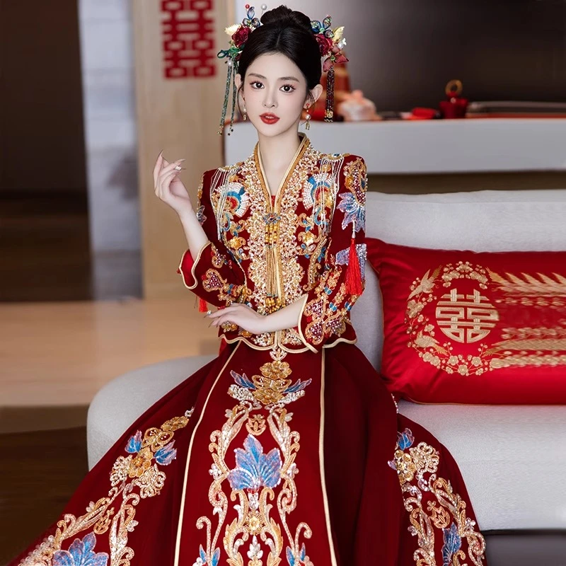 V领秀禾服婚服2025新款低领大码胖mm200斤新娘嫁衣重工礼服出阁服