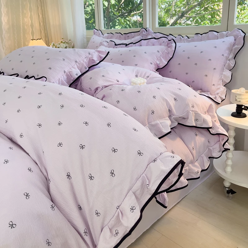 新款皱皱纱花边四件套双层纱四季款学生宿舍床单被套三件套
