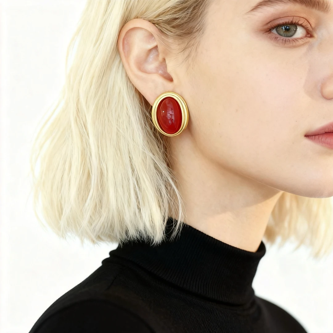 铜合金耳饰 椭圆高级感港风哑金大气红色耳环