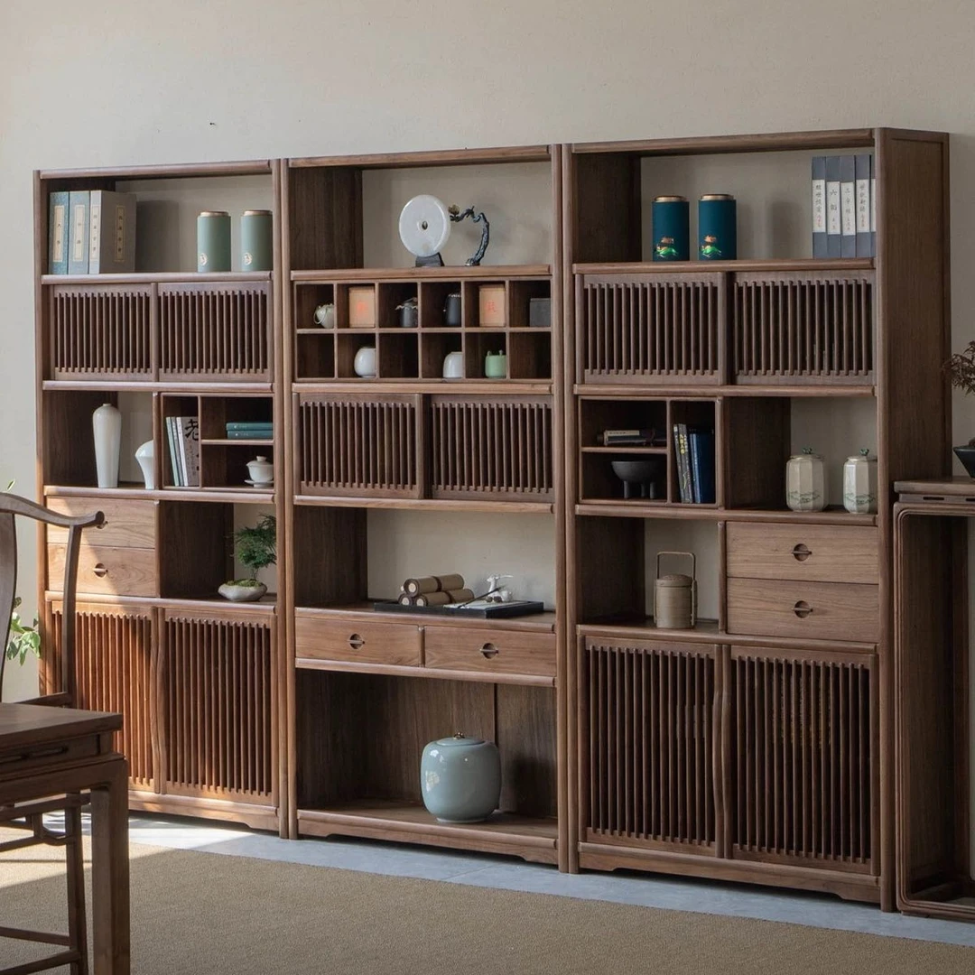 新款中式实木博古架黑胡桃书柜展示柜老榆木多宝阁书架茶室置物架