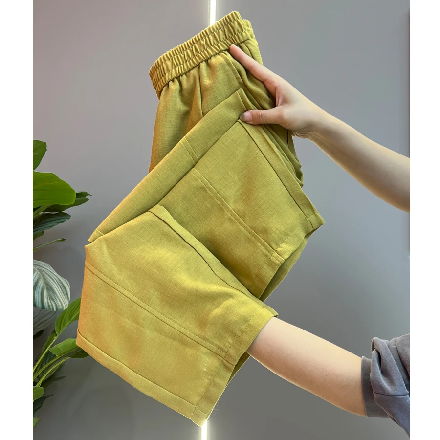 夏季新款时尚麻料轻奢薄款透气香蕉直筒裤女高腰垂感显瘦休闲裤