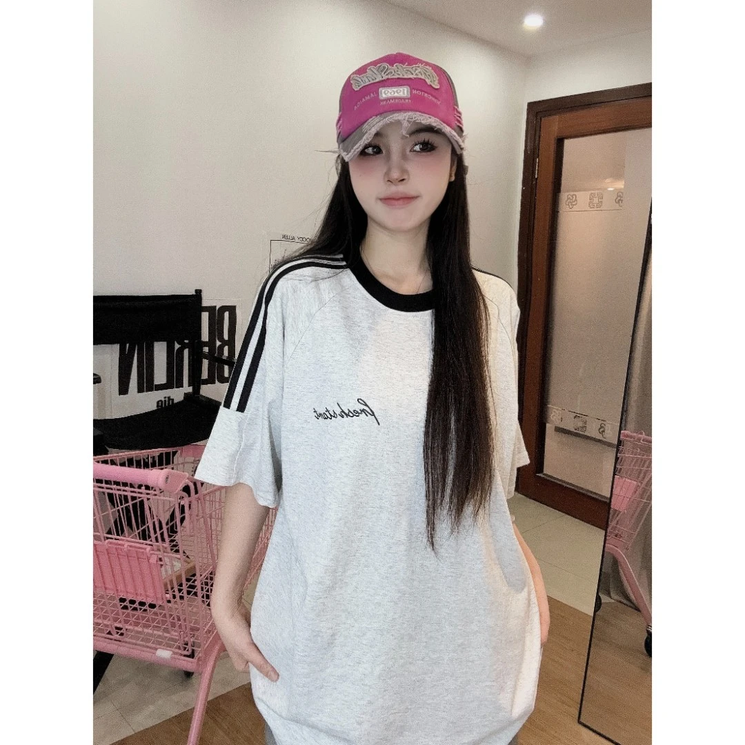 夏季新款三杠纯棉t恤女短袖设计感小众美式休闲宽松半袖上衣