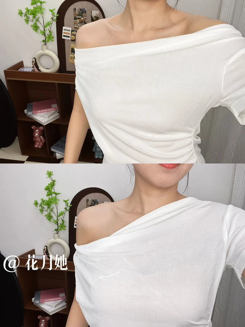 花月她亏本清仓 独特chic修身不规则斜肩薄款上衣小个子百搭短t恤