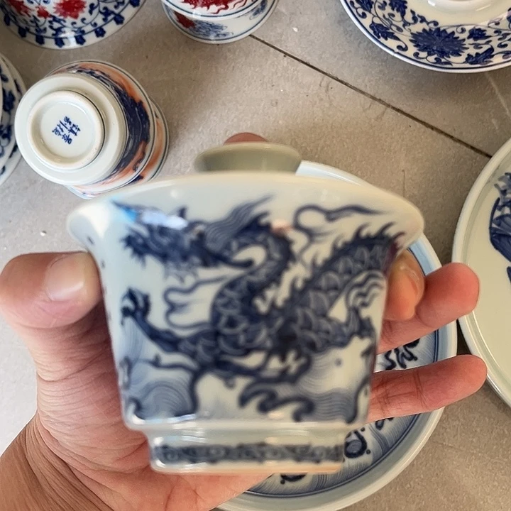 杯景德镇青花两才马蹄盖碗腾龙四海