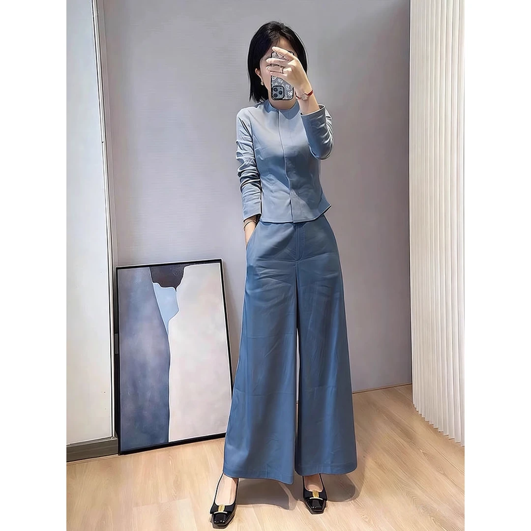 巨好看的早秋一整套大方得体气质高端小香风掐腰蓝色衬衫套装裤