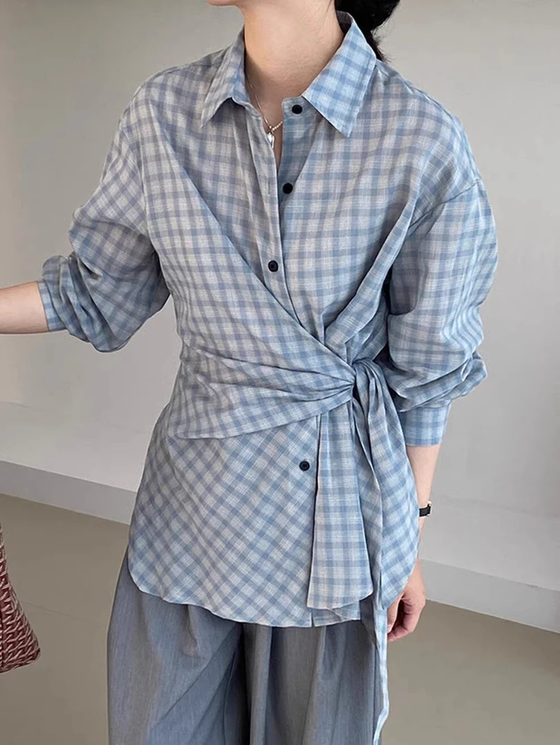 复古蓝色格纹长袖衬衫女春装设计感收腰绑带衬衣慵懒开叉格子上衣