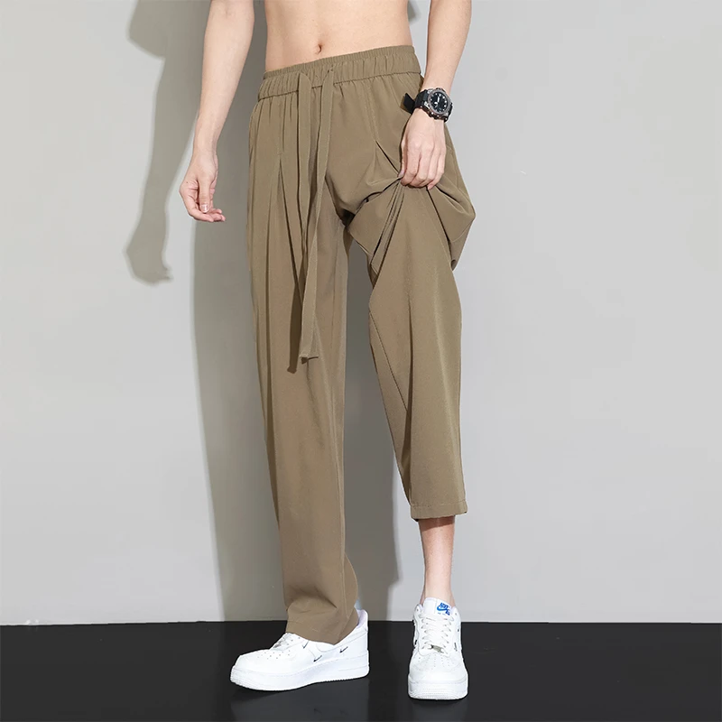 殿若冰丝休闲裤子男士夏季薄款垂感阔腿直筒裤潮牌休闲宽松长裤子