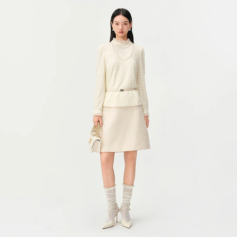 珂莱蒂尔26春法式玫瑰边小高领可内搭蕾丝打底弹力小衫KD04825R1