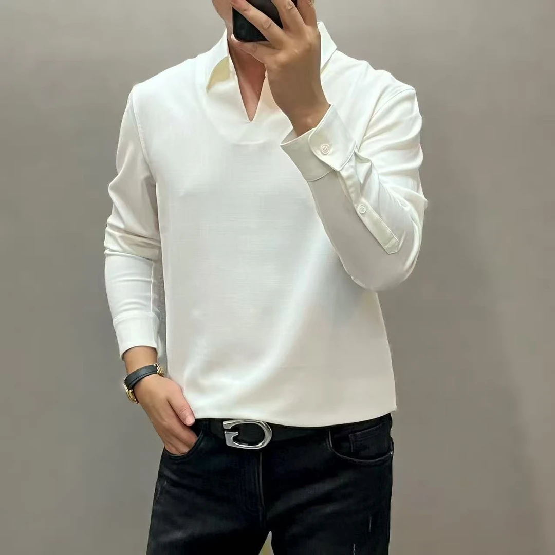 新款高端潮流男士时尚小V翻领长袖T恤806