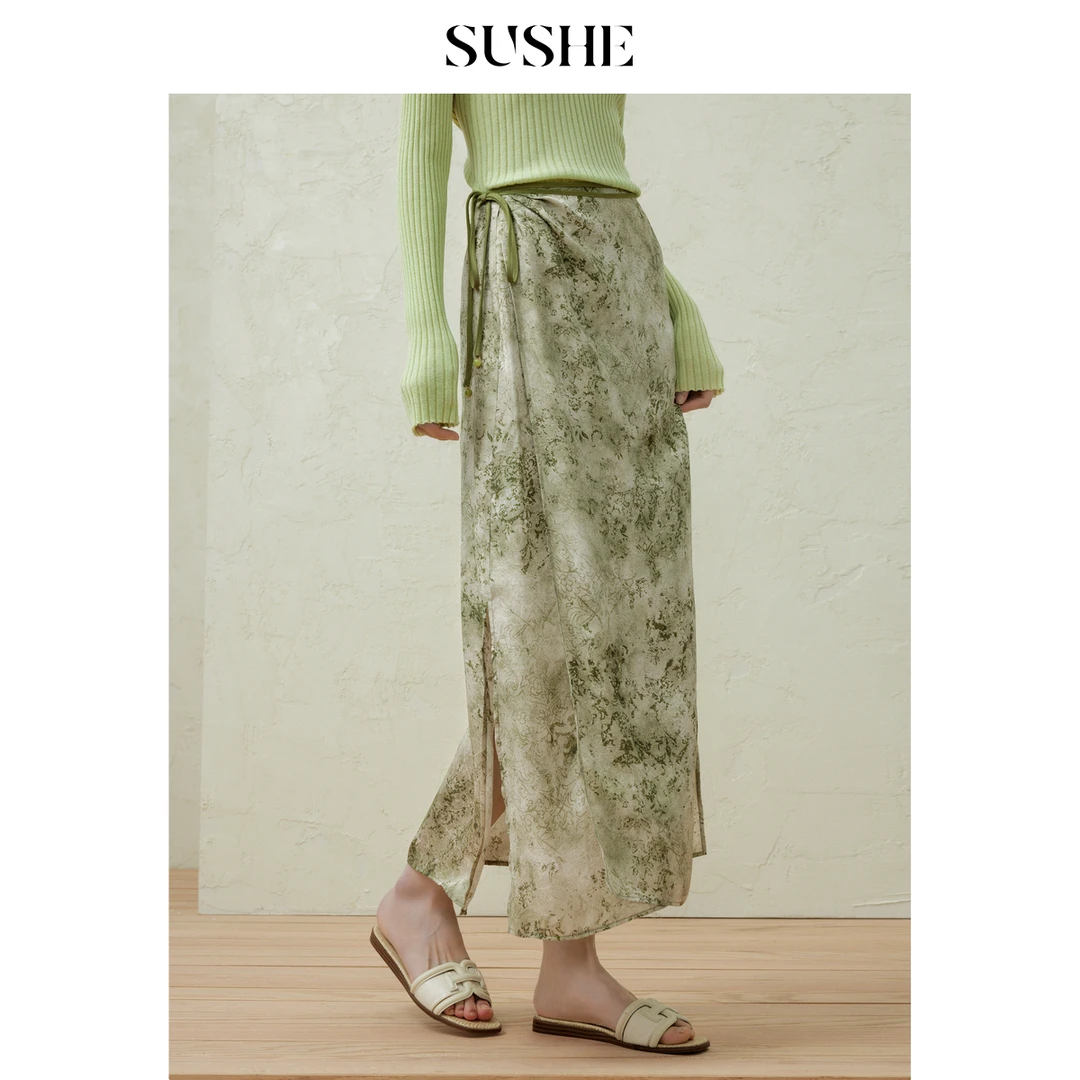 束皙SUSHE 芳草 优雅轻中式 冰裂提花绸感围裹式长款侧开叉半身裙