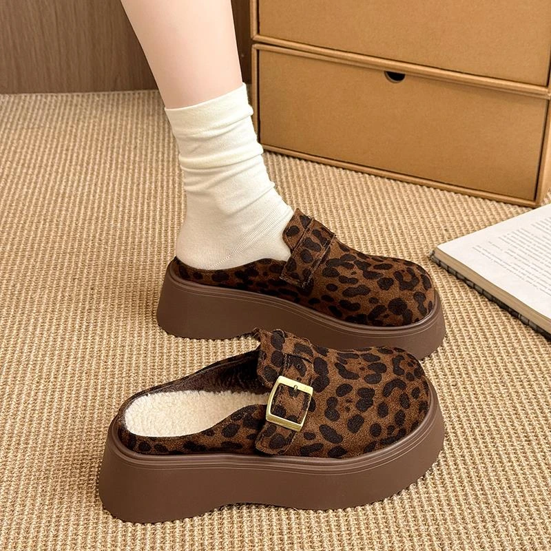 豹纹厚底勃肯鞋女2025秋冬新款外穿包头半拖一脚蹬加绒增高懒人鞋