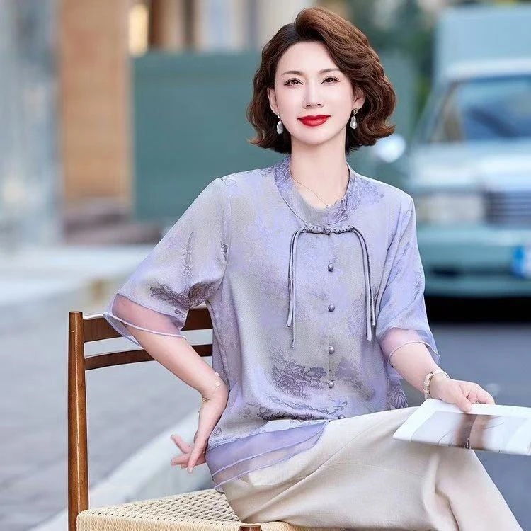 中年妈妈春装衬衫套装新中式国风上衣中老年春夏季复古提花小衫女