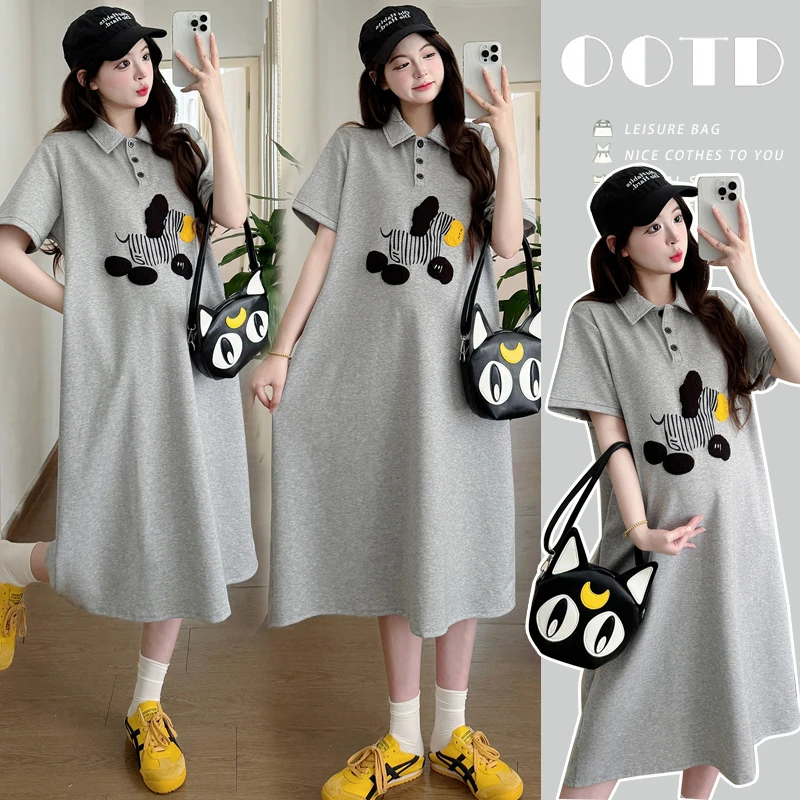 时尚孕妇装2025新款韩版宽松刺绣减龄休闲polo领孕妇连衣裙显瘦