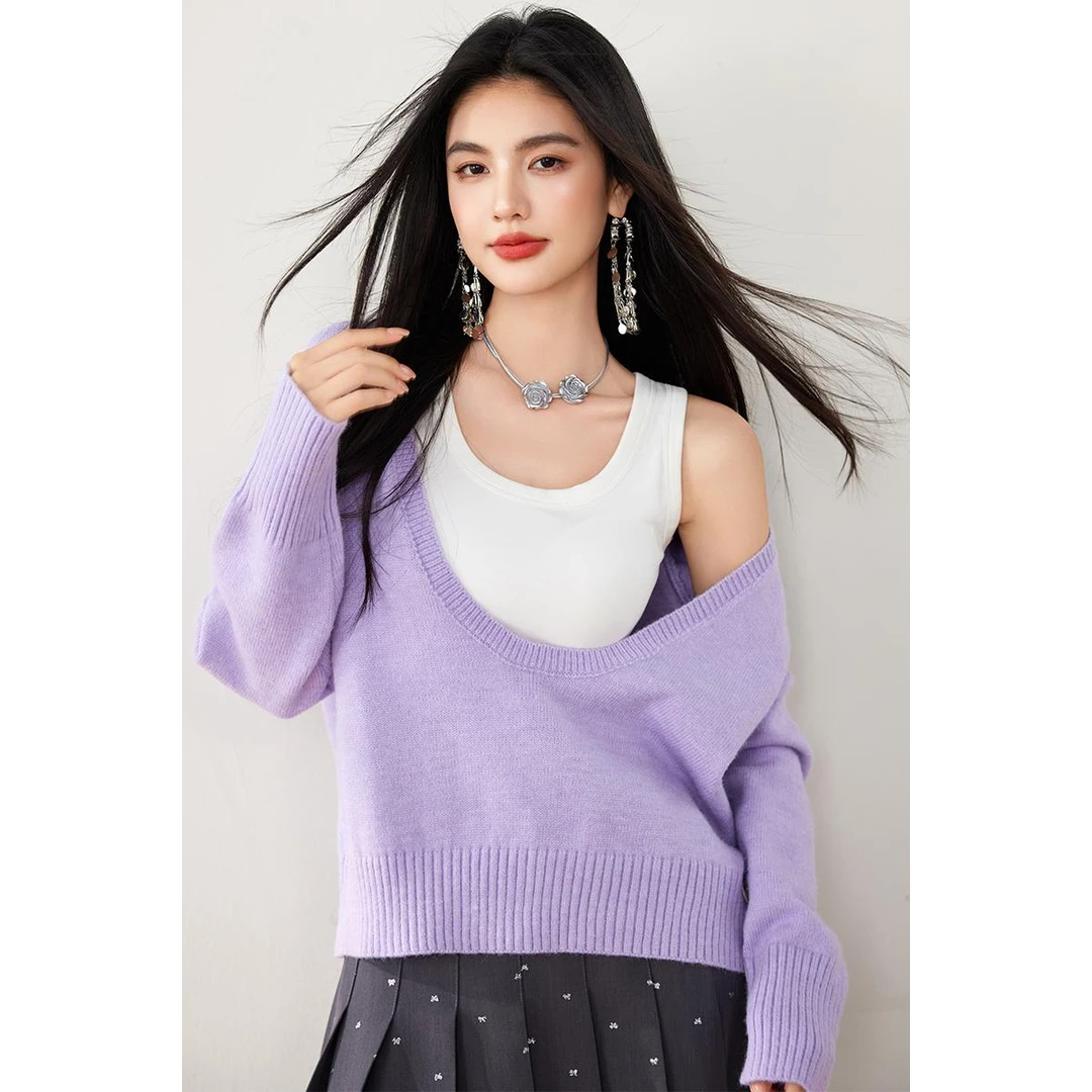 时尚穿搭2025新款紫色大V领长袖针织衫女早春慵懒小众设计感毛衣