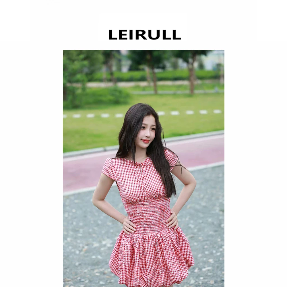 【蕾子】短袖红格子中腰短裙连衣裙