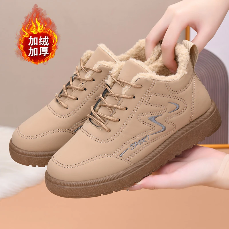 冬季运动鞋女鞋加绒保暖棉靴加绒跑步鞋软面防水皮面防时尚女鞋