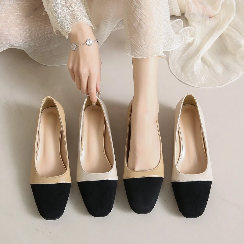 拼色粗跟单鞋女法式中跟2025新款春季香风浅口工作鞋圆头大码单鞋
