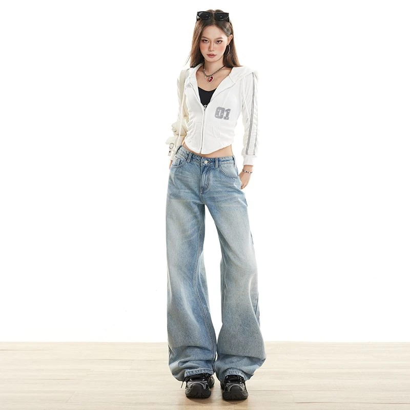 JWUW秋季新款美式复古水洗猫须牛仔裤女宽松潮牌休闲直筒长裤子
