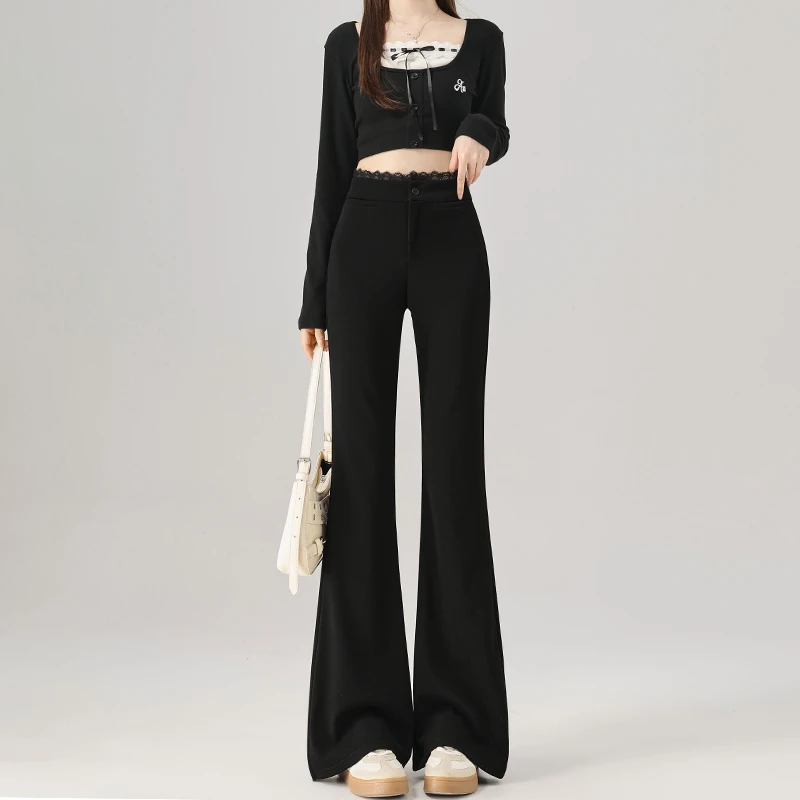 话唠女孩~蕾丝拼接微喇西装裤女秋2025新款高腰修身弹马蹄喇叭裤