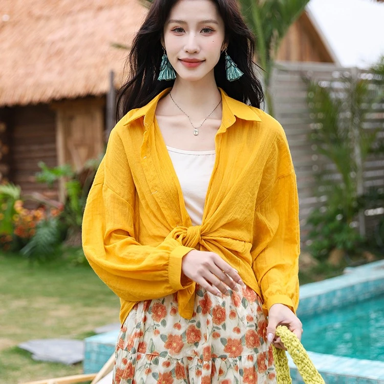 时尚简约百搭纯色苎麻衬衫女春夏新款轻薄透气开衫防晒外套