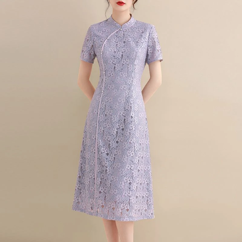 王小鸭2025夏季新款气质显瘦新中式国风旗袍优雅百搭蕾丝连衣裙女