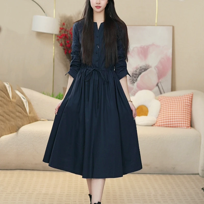2025春款新简约百搭纯棉气质收腰妈妈显瘦长袖中长款连衣裙2602