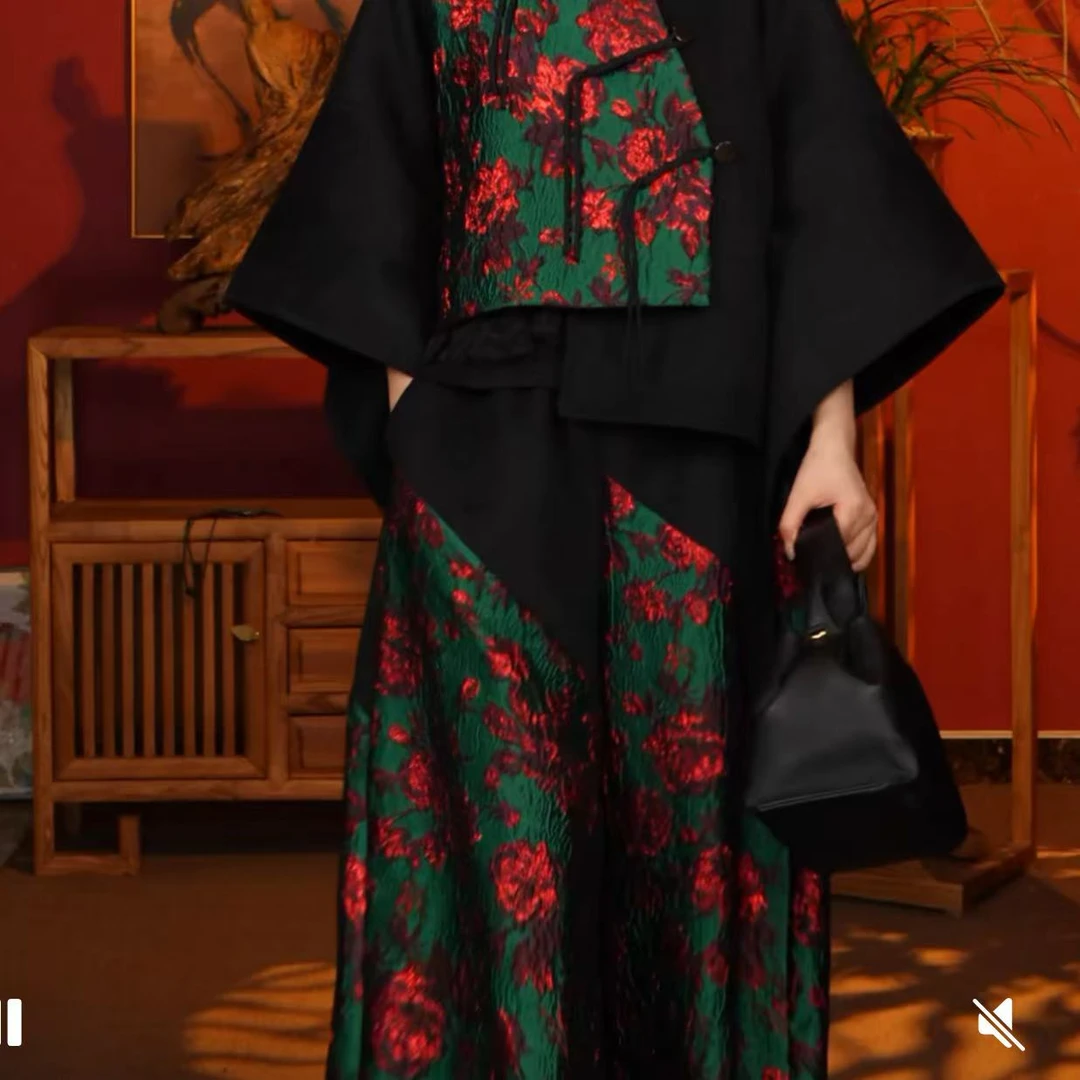 【大海轻奢】K1855-6秋冬新款牡丹拼接刺绣新中式设计师款阔腿裤