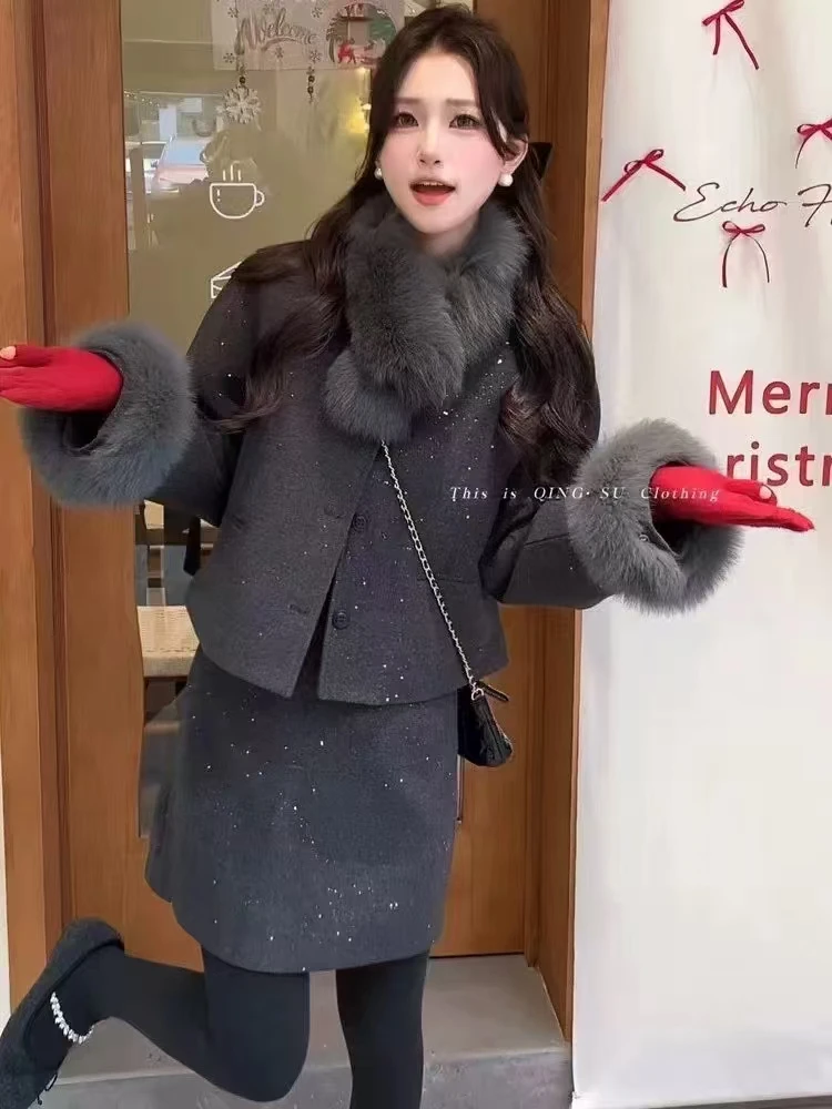 2025新款秋冬韩版洋气时尚套装毛呢女士时尚网红洋气炸街女装冬季